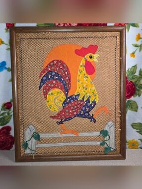 Framed Rooster Mixed Media Folk Art 12x14